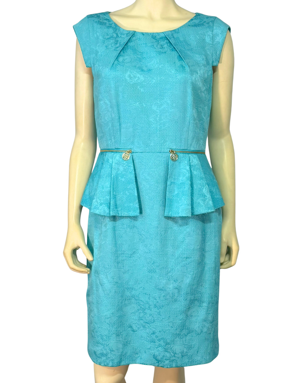 Antonio Melani Sz 10 Aqua Blue Damask Sheath Dress Zip Side Peplums Work Career